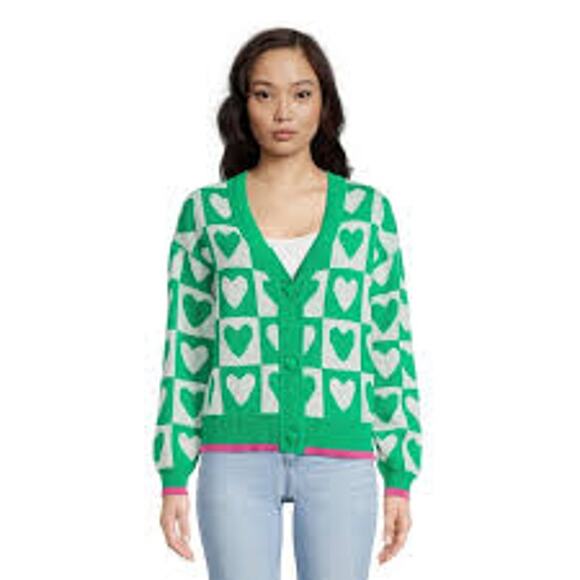 99 Jane Street Green Heart Checkered Cardigan - Large - Picture 1 of 8